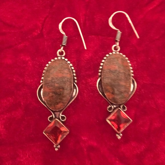 925 Sterling Unakite and Garnet Drop Dangle Pierced Earrings - Picture 5 of 5